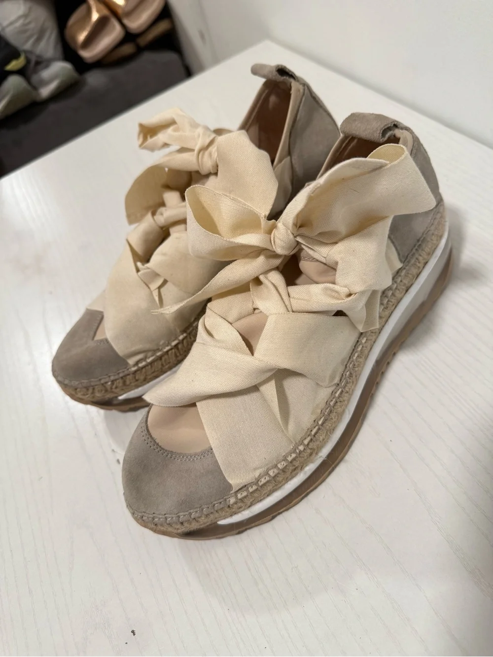 Free People Taupe Suede Espadrille Platform Sneakers with Cream Ribbon